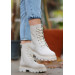 Beige Leather Lace-Up Boots