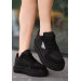 Black Leather Lace-Up Sports Shoes