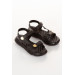 Black Leather Velcro Sandals