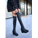 Black Leather Wedge Heel Boots