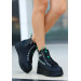 Black Skin Green Detailed Lace Up Boots