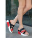 Black Red Leather Wedge Heel Slippers