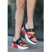 Black Red Leather Wedge Heel Slippers