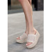 Beige Knitted Wedge Heel Slippers