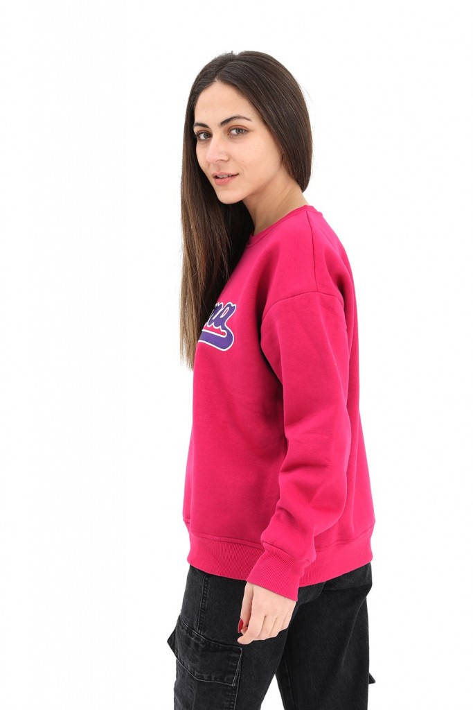 Hudhud - Women's Crew Neck Applique Embroidered Sweat - Fuchsia