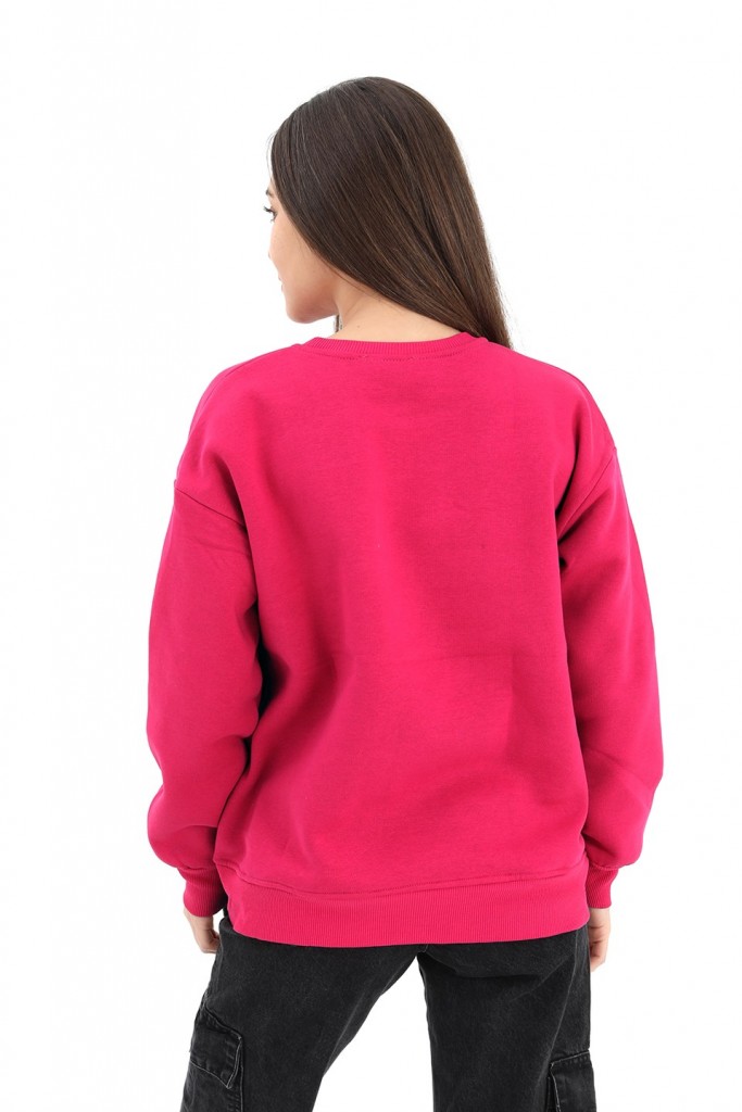 Hudhud - Women's Crew Neck Applique Embroidered Sweat - Fuchsia