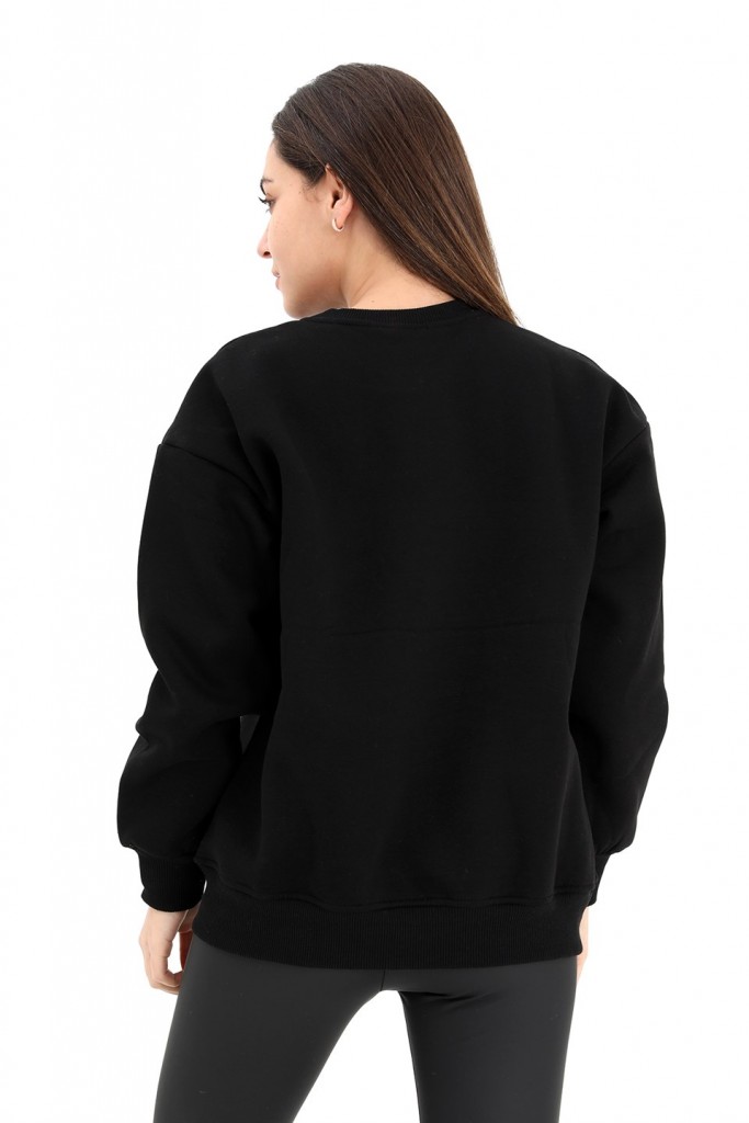 Hudhud - Women's Crew Neck Applique Embroidered Sweat - Black