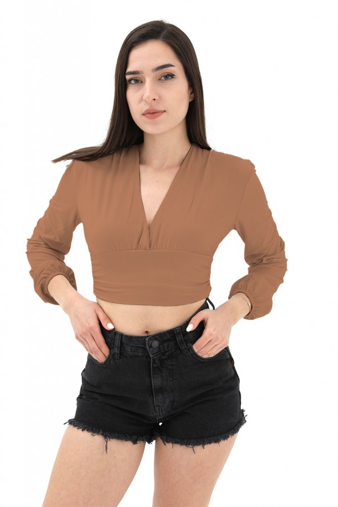 V Neck Crop Top - Brown