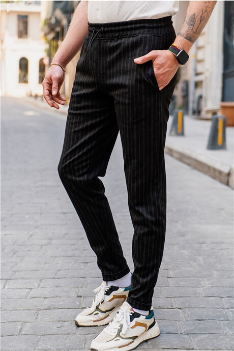 Hudhud - Men's Striped Fit Jogger Waist Trousers Black